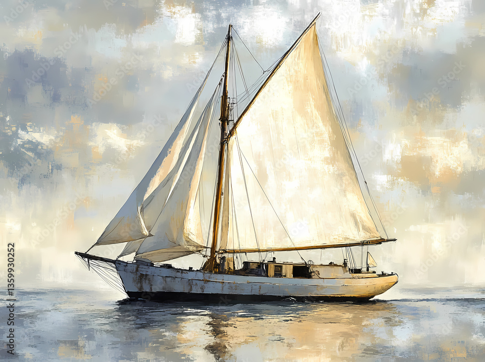 Fototapeta premium Sailboat on Calm Waters: A classic sailboat gracefully glides across tranquil waters, its sails billowing gently in the breeze under a serene sky.