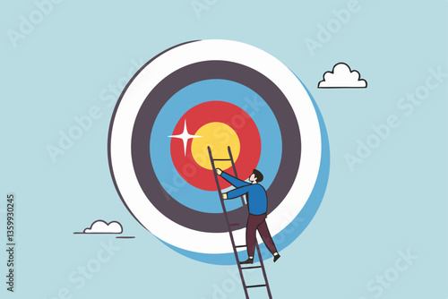 Climb up ladder to reach target or goal, aspiration to success, growth or aiming to achieve target, objective or purpose, motivation to winning concept, businessman climbing ladder to business goal.