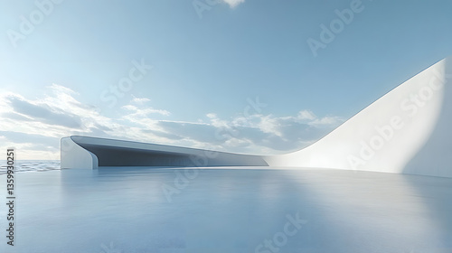Fototapeta Naklejka Na Ścianę i Meble -  3d render of abstract modern architecture with empty cement floor, minimal exterior, car presentation background