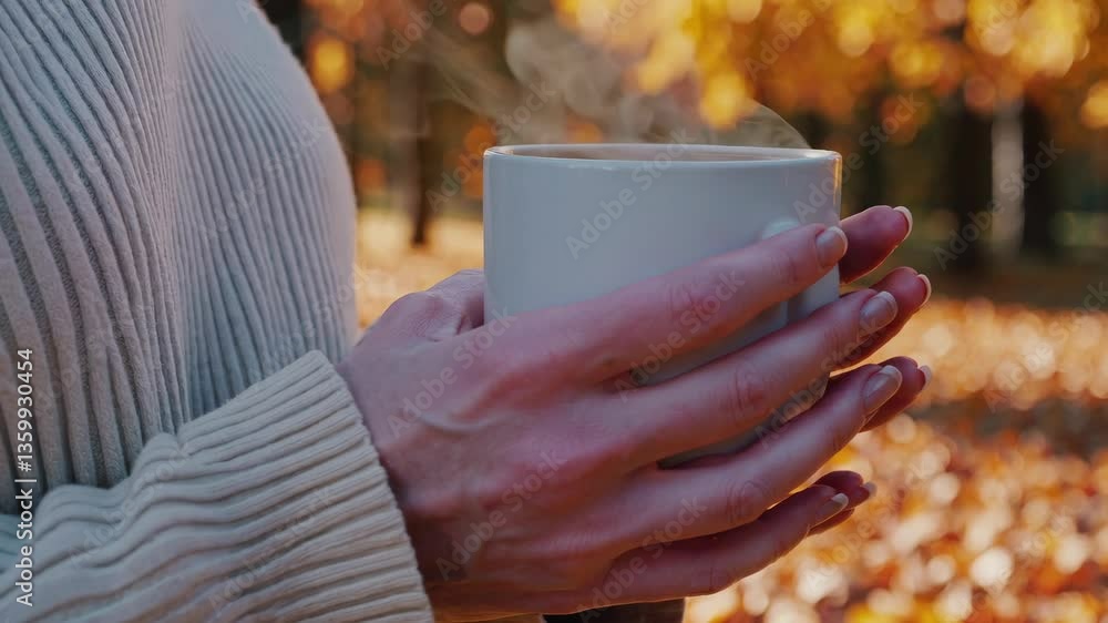 Autumn warmth: cozy moments with a steaming cup in vibrant fall setting. 4k stock footage Autumn warmth: cozy moments with a steaming cup in vibrant fall setting. 4k stock footage