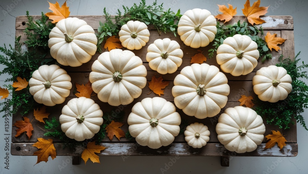 White pumpkins decorate a banner for fall on a wooden table. Top view, flat lay style, with space for text. White pumpkins decorate a banner for fall on a wooden table. Top view, flat lay style, with space for text.
