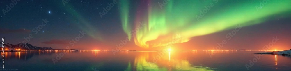 Fototapeta premium Softly glowing aurora borealis on abstract gold background, cosmic, space