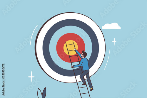 Climb up ladder to reach target or goal, aspiration to success, growth or aiming to achieve target, objective or purpose, motivation to winning concept, businessman climbing ladder to business goal.