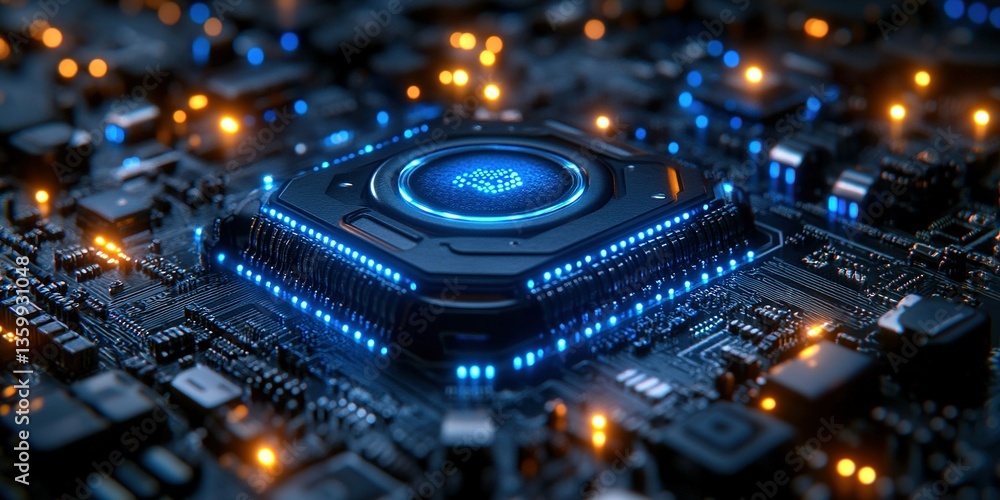 Fototapeta premium Detailed view of a futuristic microchip surrounded by glowing circuitry in a high-tech environment at night