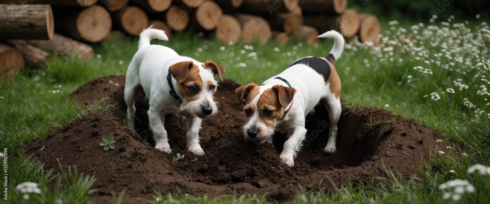 Fototapeta premium A pair of Jack Russell terriers excavating a dog hole outdoors. Dogs playing in the park.