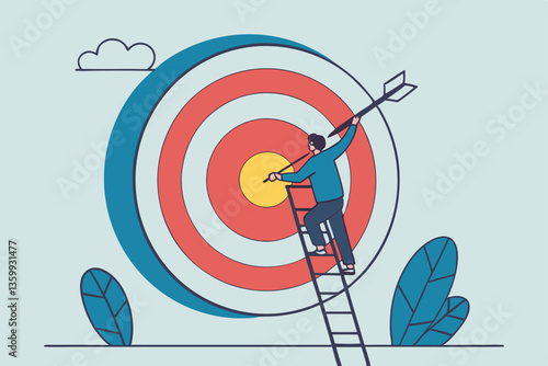 Climb up ladder to reach target or goal, aspiration to success, growth or aiming to achieve target, objective or purpose, motivation to winning concept, businessman climbing ladder to business goal.