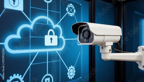 Modern surveillance camera secured in cloud, digital security concept