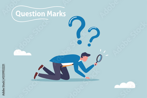 Detect or discover fact, information or analysis, curiosity, research or search in details, exploration or finding solution concept, businessman detective looking through magnifying glass searching.