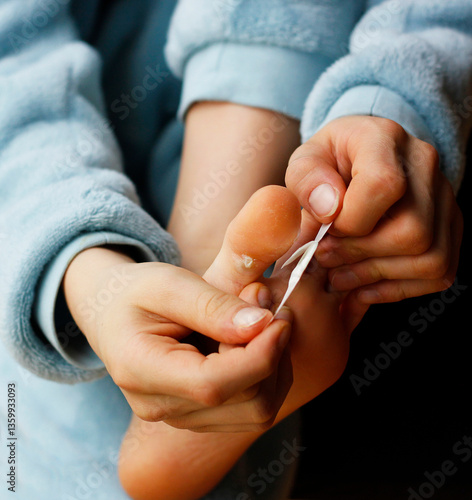 Close-up of hands of a Caucasian school-age boy applying warts and corns plaster on his big toe at home. Treatment of calluses, pressure corns and plantar warts. Dermatological problems of feet