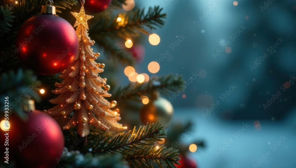 Fototapeta premium Sparkling Christmas tree with ornaments and shimmering lights, blurred background, tree, sparkle