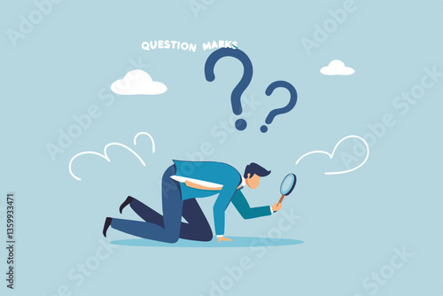 Detect or discover fact, information or analysis, curiosity, research or search in details, exploration or finding solution concept, businessman detective looking through magnifying glass searching.