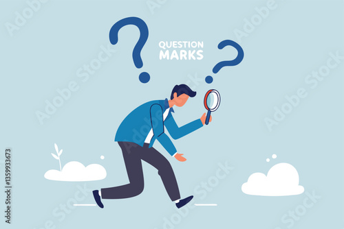 Detect or discover fact, information or analysis, curiosity, research or search in details, exploration or finding solution concept, businessman detective looking through magnifying glass searching.