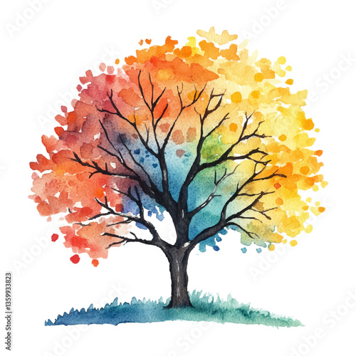 vibrant watercolor tree with colorful autumn leaves, showcasing nature beauty