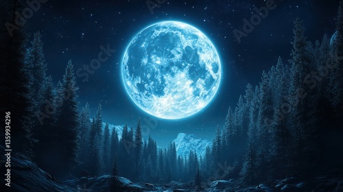 Majestic blue moon over winter forest
