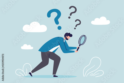 Detect or discover fact, information or analysis, curiosity, research or search in details, exploration or finding solution concept, businessman detective looking through magnifying glass searching.