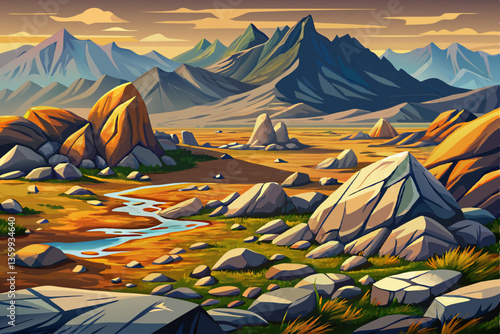 landscape of hot desert hill with rocks and mountains illustration cartoon
