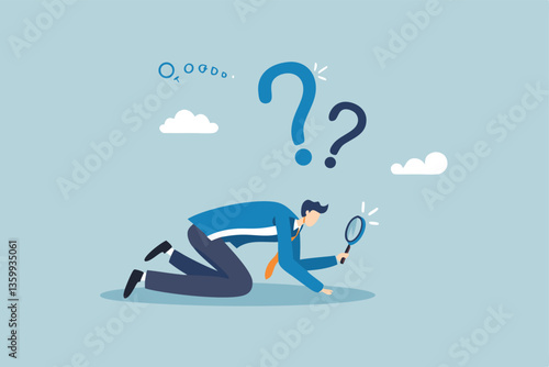 Detect or discover fact, information or analysis, curiosity, research or search in details, exploration or finding solution concept, businessman detective looking through magnifying glass searching.