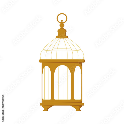 Elegant vintage birdcage with golden details. Classic ornamental cage for birds, decor, and design elements. Isolated vector illustration on a white background.