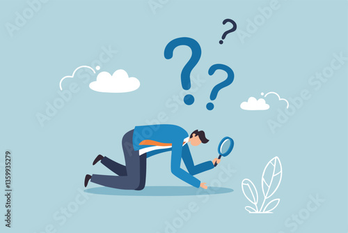 Detect or discover fact, information or analysis, curiosity, research or search in details, exploration or finding solution concept, businessman detective looking through magnifying glass searching.