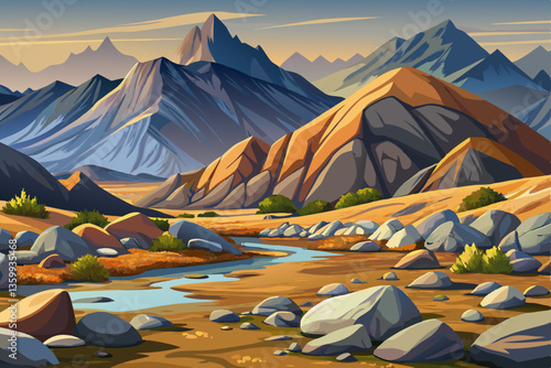 landscape of hot desert hill with rocks and mountains illustration cartoon