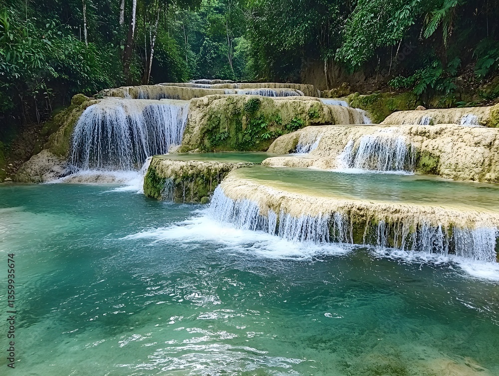 Naklejka premium 18. A river waterfall cascading into a clear pool with misty spray