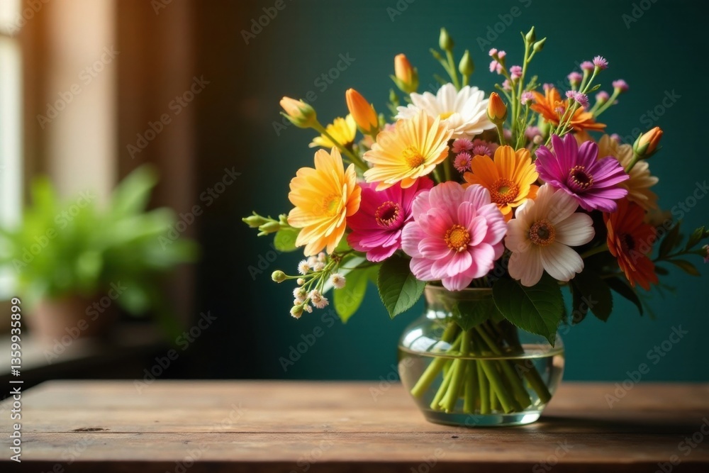 Spring Floral Bouquet on Wooden Table with Warm Lamp Light, Greenery and Colorful Flowers, warm light, floral arrangement Spring Floral Bouquet on Wooden Table with Warm Lamp Light, Greenery and Colorful Flowers, warm light, floral arrangement