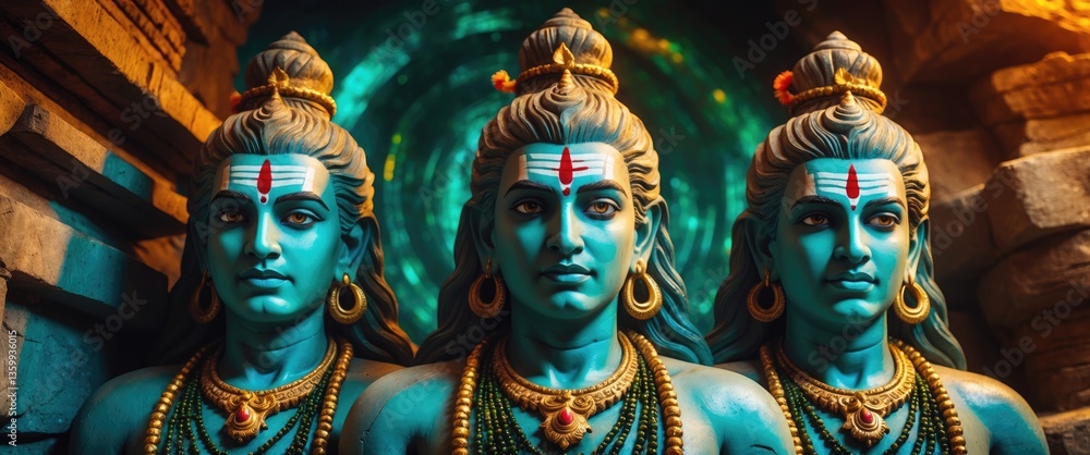 Three-headed Maheshmurti illustrating Shiva as the creator, protector, and destroyer in the Elephanta Caves. Three-headed Maheshmurti illustrating Shiva as the creator, protector, and destroyer in the Elephanta Caves.