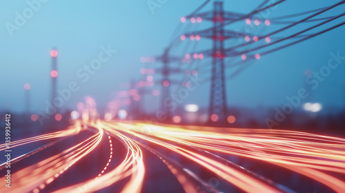 Power lines stretch across vibrant sky, with glowing energy trails creating dynamic scene