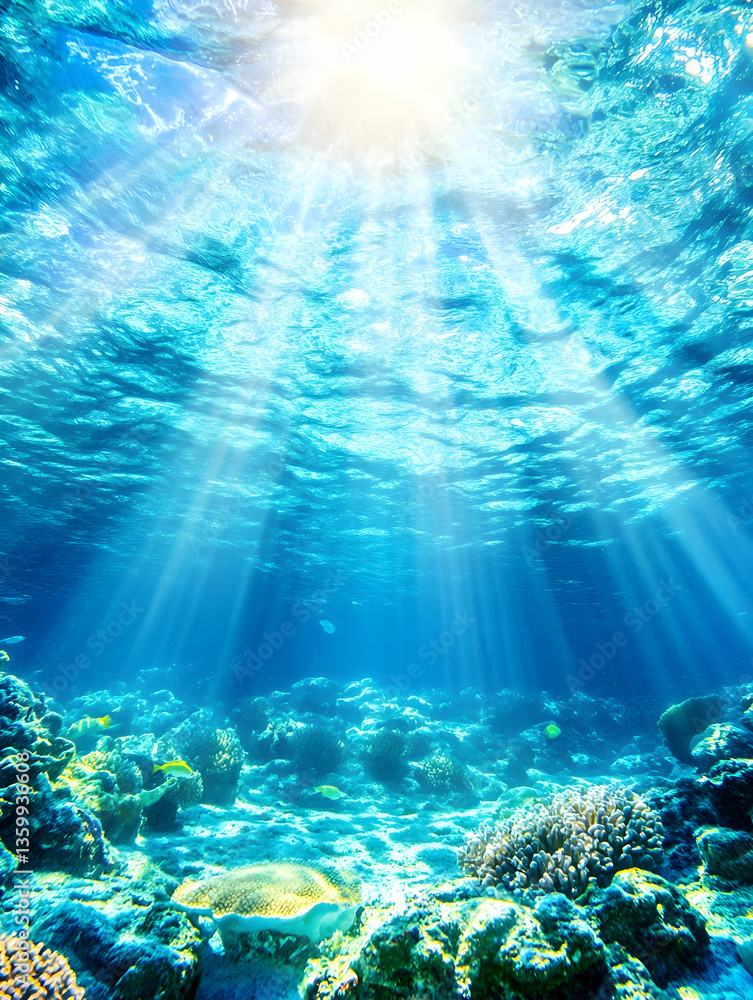 Fototapeta premium Sunbeams illuminating vibrant coral reef underwater