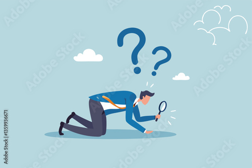Detect or discover fact, information or analysis, curiosity, research or search in details, exploration or finding solution concept, businessman detective looking through magnifying glass searching.