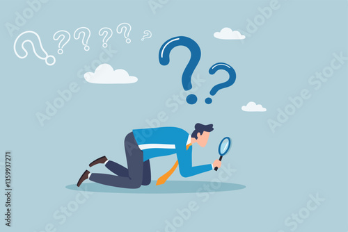 Detect or discover fact, information or analysis, curiosity, research or search in details, exploration or finding solution concept, businessman detective looking through magnifying glass searching.