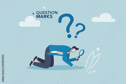 Detect or discover fact, information or analysis, curiosity, research or search in details, exploration or finding solution concept, businessman detective looking through magnifying glass searching.