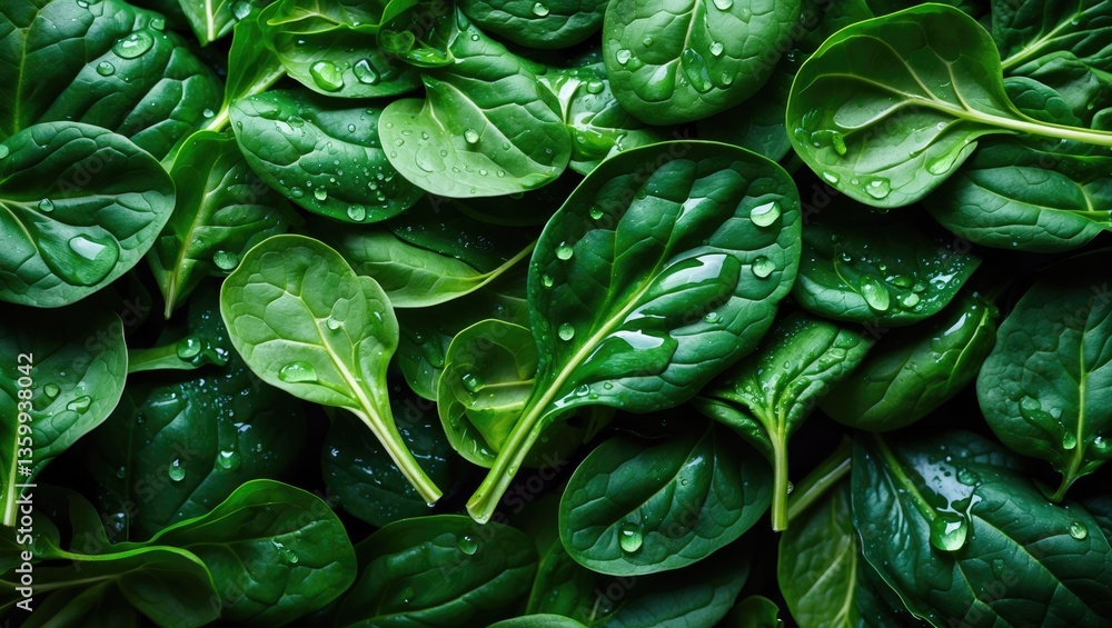 Fototapeta premium Background of fresh green spinach leaves featuring water droplets. Close-up texture of raw organic baby spinach. Food backdrop.