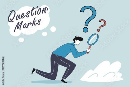 Detect or discover fact, information or analysis, curiosity, research or search in details, exploration or finding solution concept, businessman detective looking through magnifying glass searching.