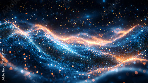 Obraz na płótnie Futuristic Digital Landscape with Glowing Blue and Orange Particles – Abstract Technology Background, Data Visualization, Artificial Intelligence, Virtual Reality w salonie