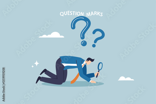 Detect or discover fact, information or analysis, curiosity, research or search in details, exploration or finding solution concept, businessman detective looking through magnifying glass searching.