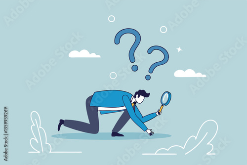 Detect or discover fact, information or analysis, curiosity, research or search in details, exploration or finding solution concept, businessman detective looking through magnifying glass searching.