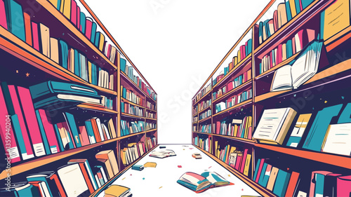 The image is a stylized illustration depicting two parallel bookshelves filled with colorful books extending into the distance, creating a perspective effect. The books are varied in size and