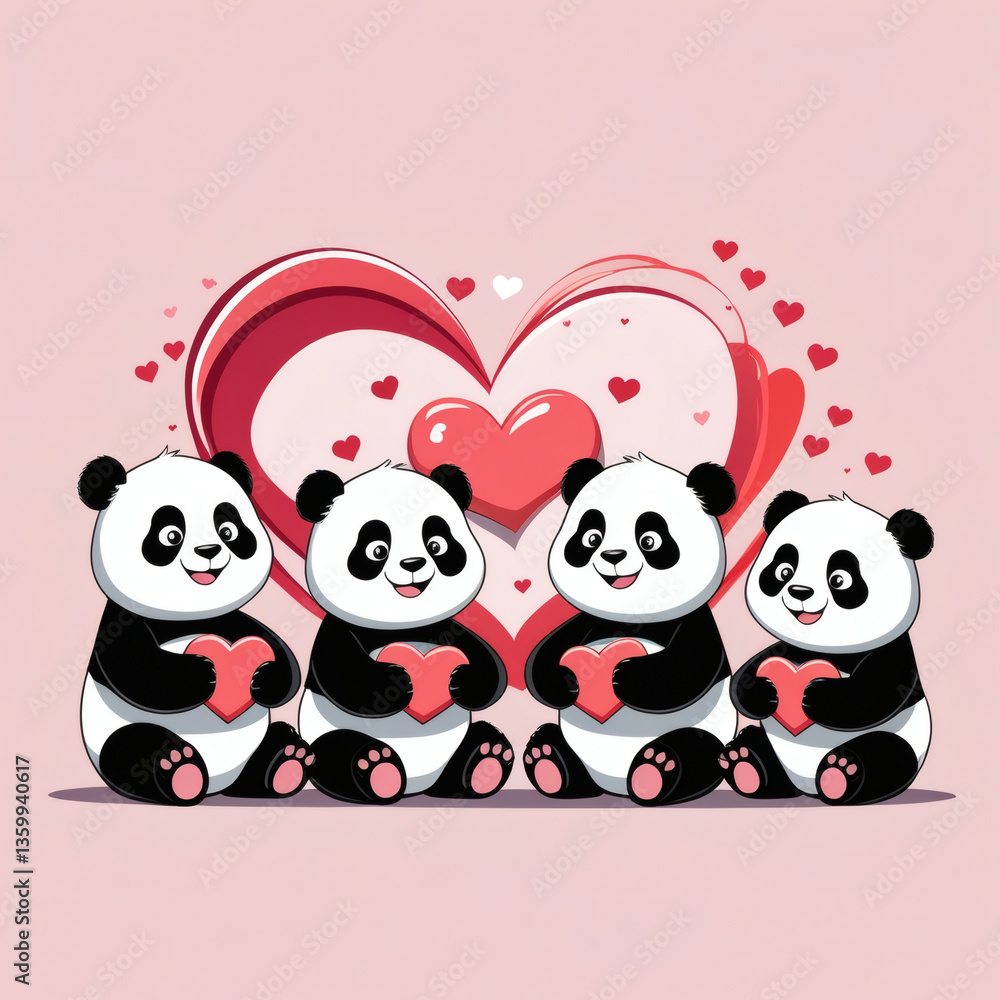 Fototapeta premium Cute pandas sharing love on a pastel background with hearts during a joyful celebration of friendship