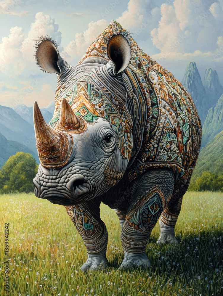 Fototapeta premium A large rhinoceros standing in a grassy field.