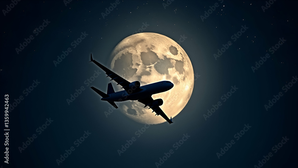 Airplane Silhouette Flying at Night with Full Moon and Starry Sky - Captivating Travel and Adventure Concept in Photo Stock with Empty Space for Creative Use Airplane Silhouette Flying at Night with Full Moon and Starry Sky - Captivating Travel and Adventure Concept in Photo Stock with Empty Space for Creative Use