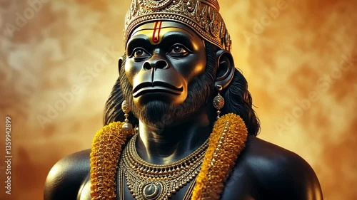 Majestic statue of Hanuman adorned with traditional jewelry and garlands in a vibrant display of devotion