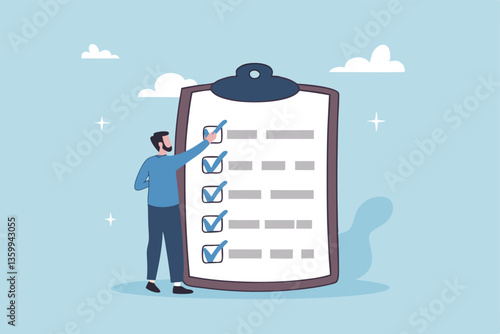 Complete checklist or finishing checkbox, task done within deadline, complete tasks list or project, approval or achievement concept, businessman put tick on complete checklist on paper clipboard.