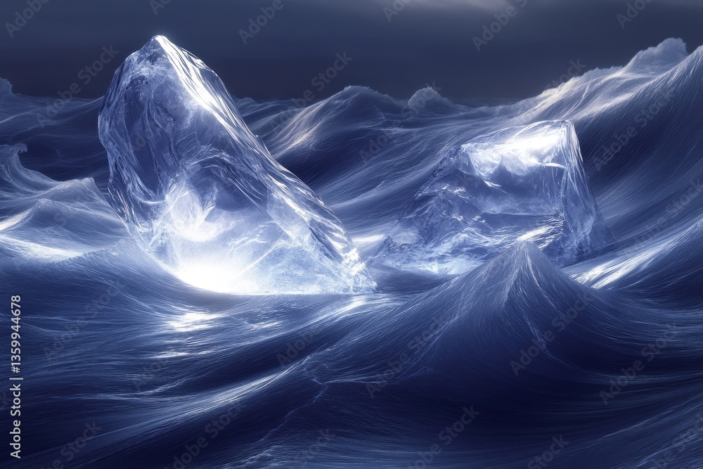 Obraz premium Icebergs floating on turbulent ocean waves under a moody sky at twilight