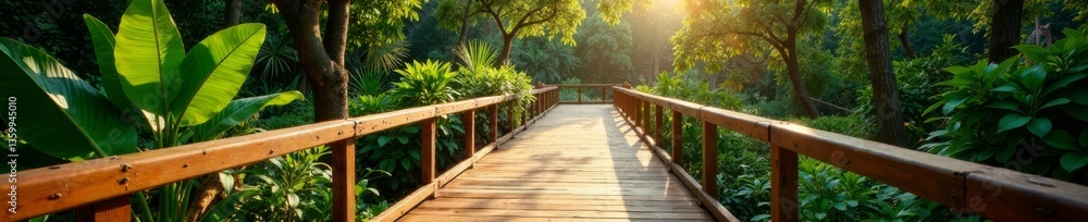 Elevated wooden walkway amidst lush greenery with sunlit botanical garden in South Africa, landscape, viewpoint Elevated wooden walkway amidst lush greenery with sunlit botanical garden in South Africa, landscape, viewpoint