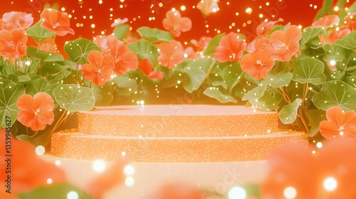 Floral display with orange blooms around the pedestal. Festive lights add glow and magic