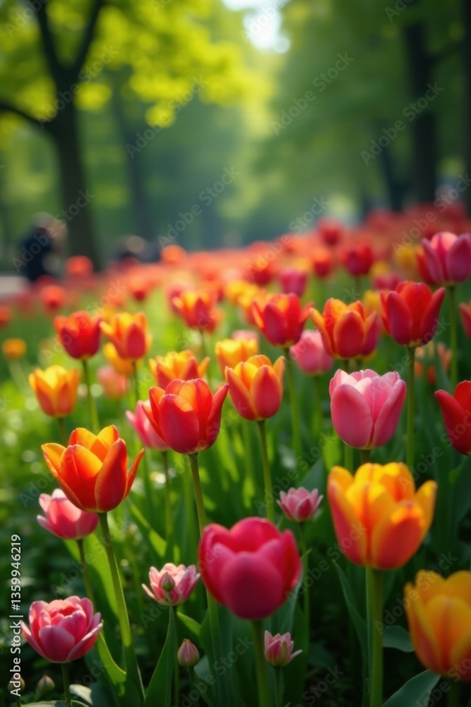 Vibrant blooms of tulips and roses amidst lush greenery, daisies, tulips Vibrant blooms of tulips and roses amidst lush greenery, daisies, tulips