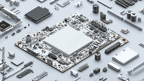High-angle, isometric close-up view of a circuit board surrounded by various electronic components. The circuit board is predominantly white or light gray, with intricate circuitry visible. The