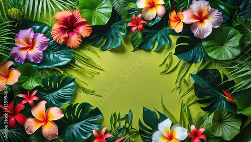 A vibrant scene featuring tropical blooms and lush greenery is presented against a green backdrop. Flat lay, top view. Ideal setting for a summer gathering.