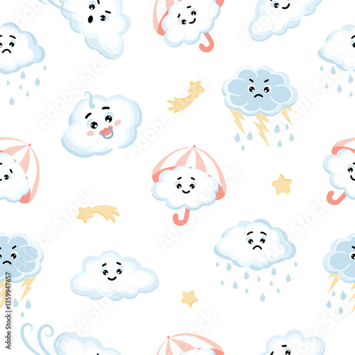 Seamless pattern of cute kawai clouds, stars, raindrops and umbrella on white background.